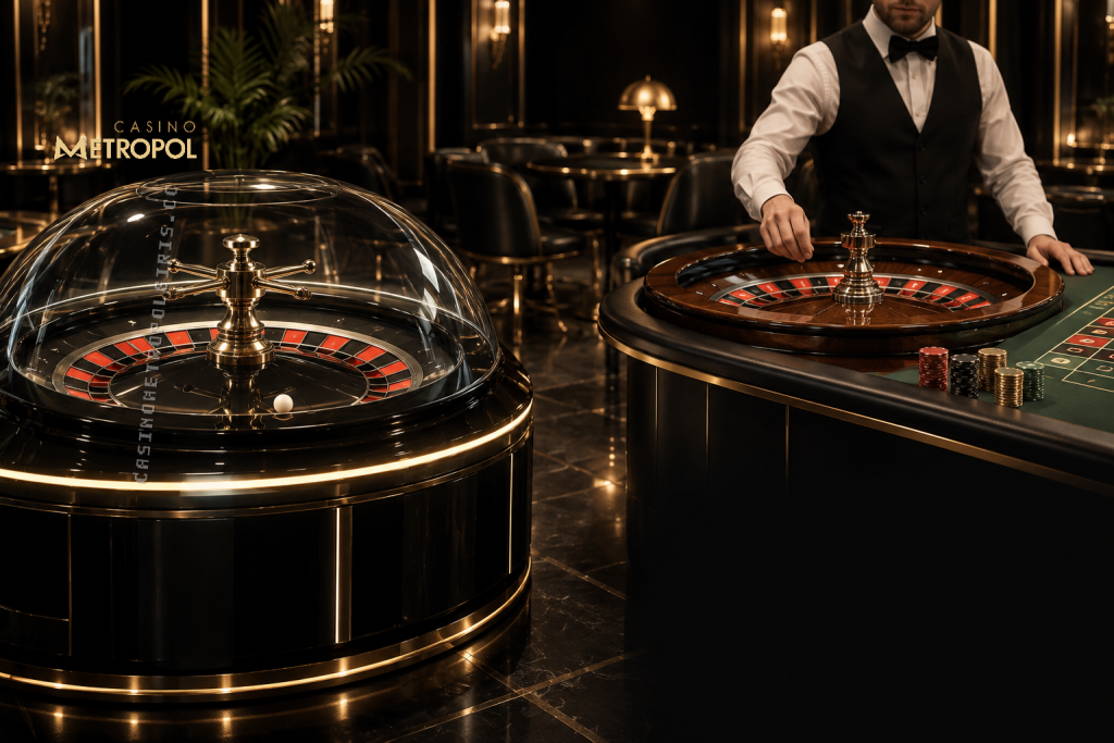Siyah ve altın tonlarındaki zarif salonda otomatik rulet çarkı ile krupiyeli masa, casino metropol canlı casino deneyiminin iki sunum biçimini betimliyor.