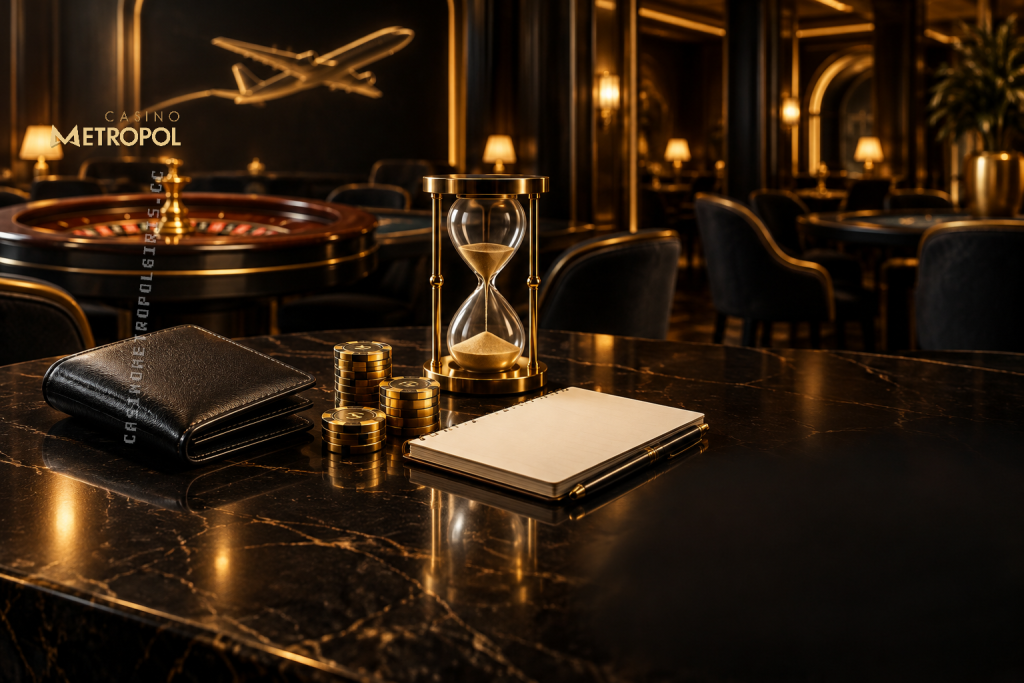 Siyah ve altın tonlarındaki casino salonunda cüzdan, boş bütçe defteri ve kum saati, casino metropol Aviator için harcama ve süre sınırlarını simgeliyor.