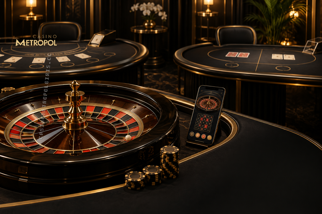 Siyah ve altın tonlarındaki zarif salonda rulet ve kart masaları, casino metropol canlı casino masalarını karşılaştırma konusunu yansıtıyor.