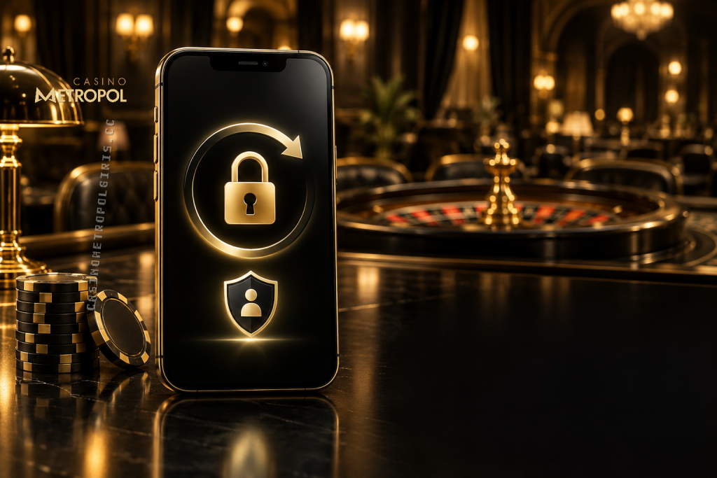 Siyah ve altın tonlarındaki klasik casino salonunda telefon ekranındaki kilit simgesi, casino metropol giriş şifresinin güvenli biçimde yenilenmesini temsil ediyor.