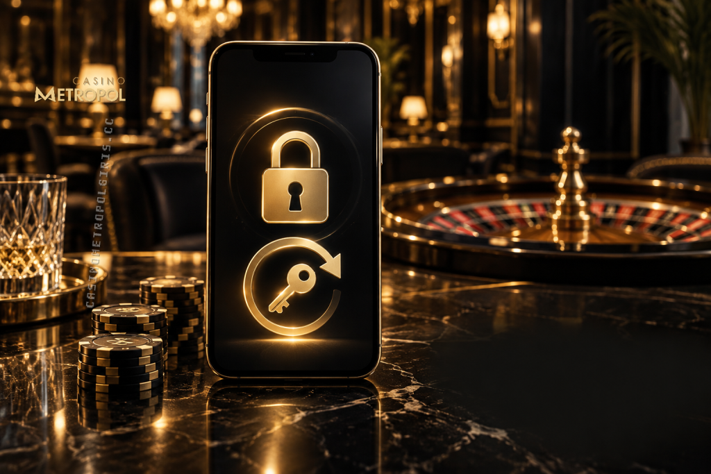 Siyah ve altın tonlu casino salonunda, casino metropol giriş şifresinin yenilenmesini simgeleyen kilit ikonlu telefon ve arka planda rulet masası görülüyor.