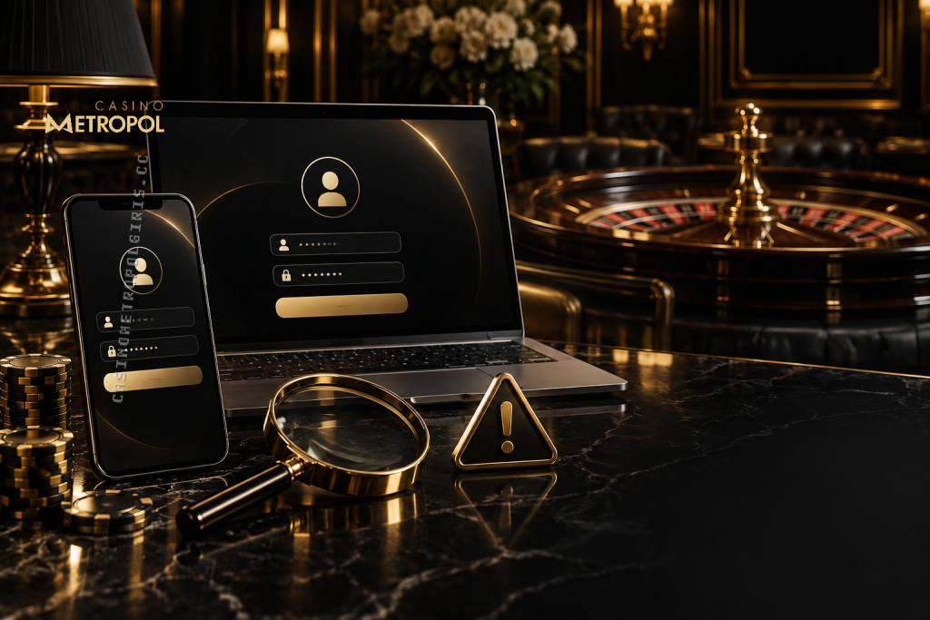 Siyah ve altın tonlarındaki klasik casino salonunda casino metropol giriş sorunlarının incelendiği telefon ve dizüstü bilgisayar görülüyor.