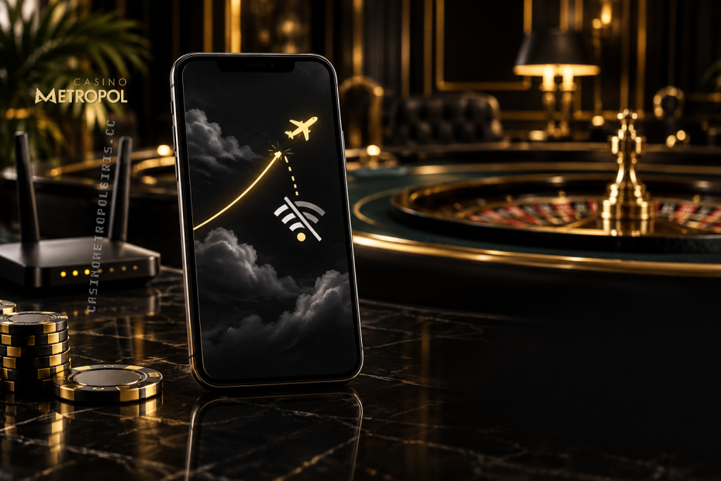Siyah ve altın tonlarındaki zarif casino salonunda, casino metropol mobil bağlantı kesintisini simgeleyen telefon ekranı ve arka planda rulet masası görülüyor.