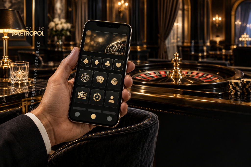 Siyah ve altın tonlarındaki zarif casino salonunda rulet masası önündeki akıllı telefon, casino metropol mobil kullanımını temsil ediyor.