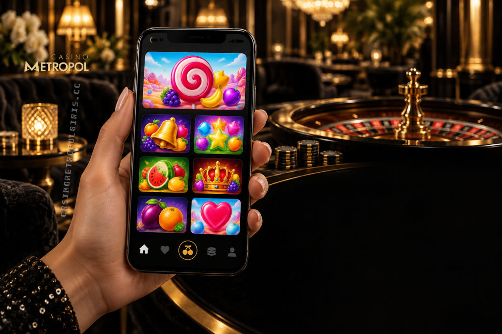 Siyah ve altın tonlarındaki zarif casino salonunda, casino metropol mobil konusunu betimleyen telefon ekranında şeker temalı slot görselleri yer alıyor.