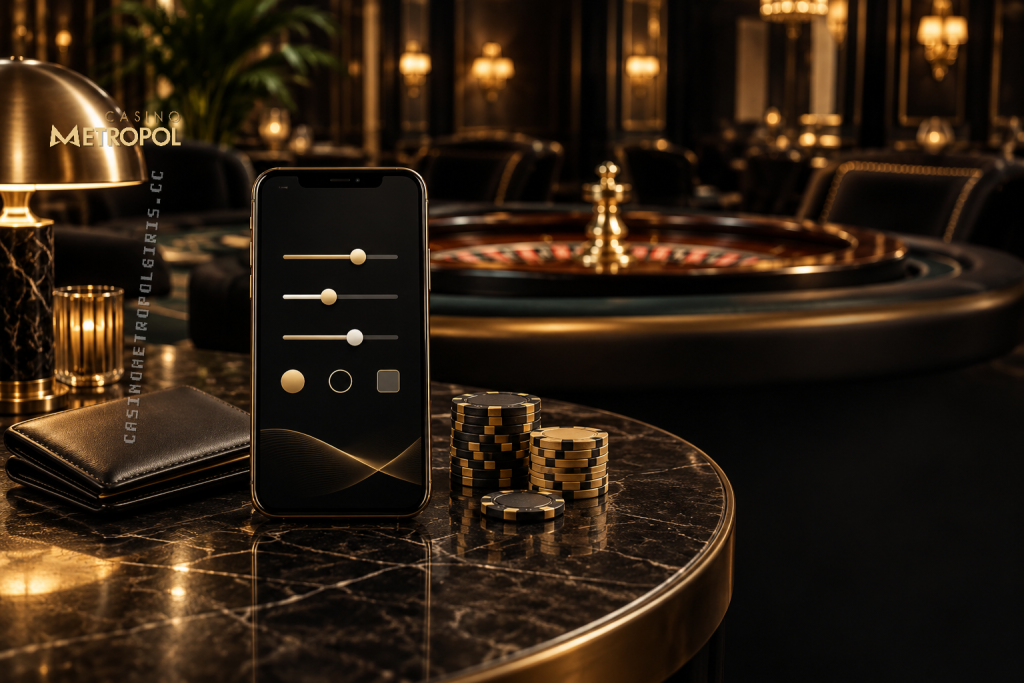 Siyah ve altın tonlarındaki klasik casino salonunda rulet masası, cüzdan ve telefondaki soyut limit kontrolleri Casino Metropol para yatırma bütçesini simgeliyor.