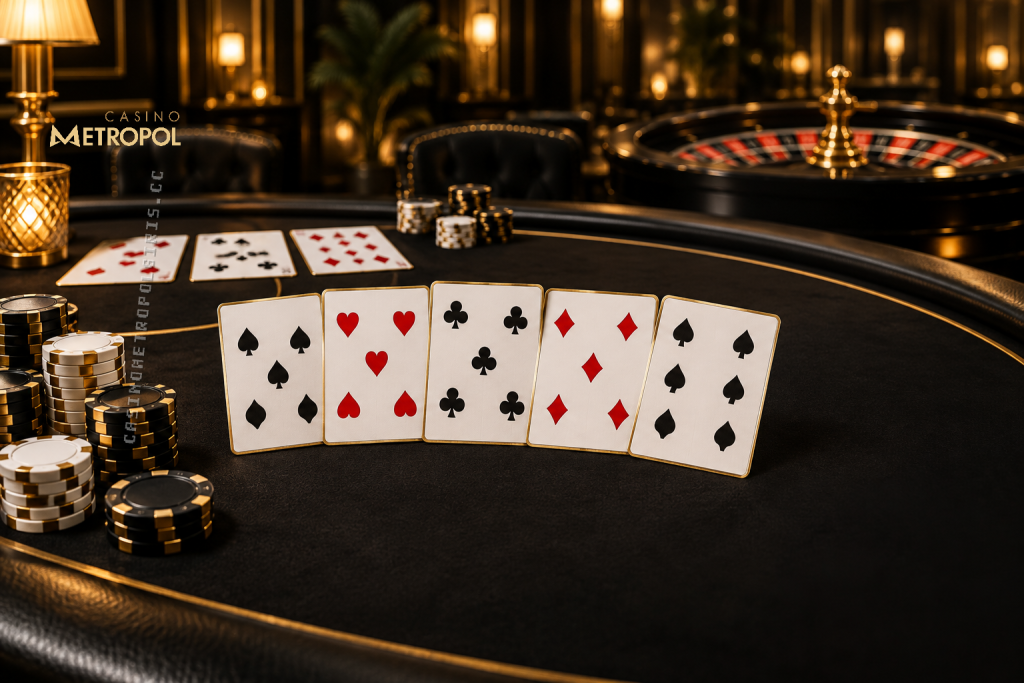 Siyah ve altın tonlarındaki klasik casino salonunda poker kartları, fişler ve arkadaki rulet masası Casino Metropol Türk pokeri el sıralaması konusunu betimliyor.