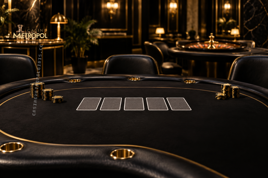 Siyah ve altın tonlarındaki klasik salonda Casino Metropol Türk pokeri konusunu temsil eden kapalı kartlar ve arka planda bir rulet masası görülüyor.
