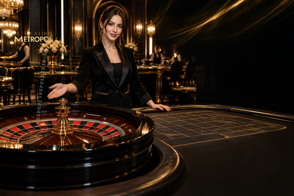 Siyah ve altın tonlarındaki klasik casino salonunda zarif ışıklarla aydınlatılan rulet masası, casino metropol canlı rulet rehberinin temasını yansıtıyor.