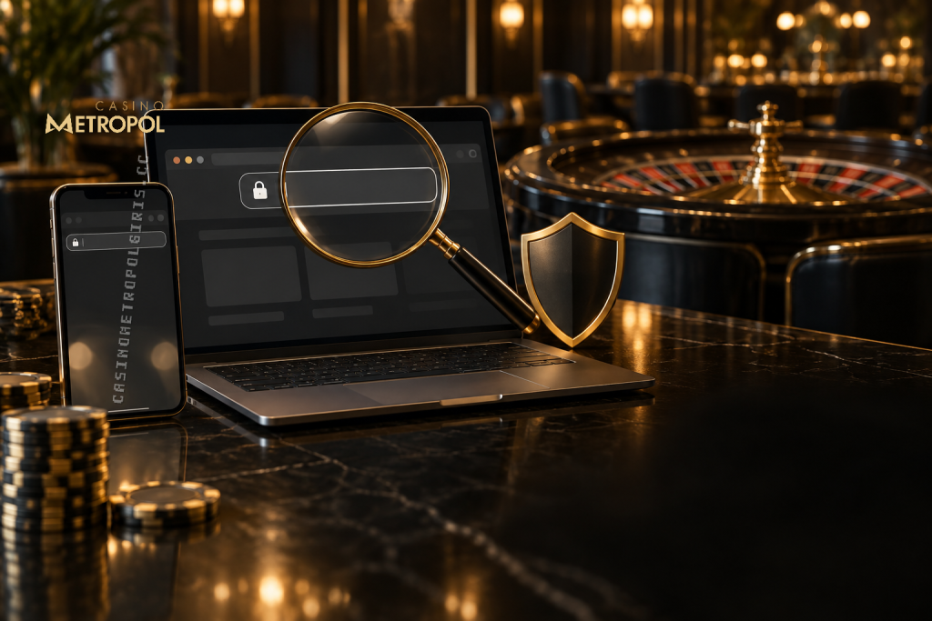 Siyah ve altın tonlarındaki klasik casino salonunda telefon, büyüteç ve güvenlik simgesi casinometropol güncel giriş adresi kontrolünü betimliyor.